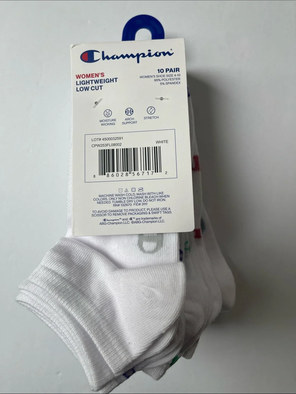 10 Pair Champion White/Multicolor Logo Lightweight‎ Low Cut Socks NWT